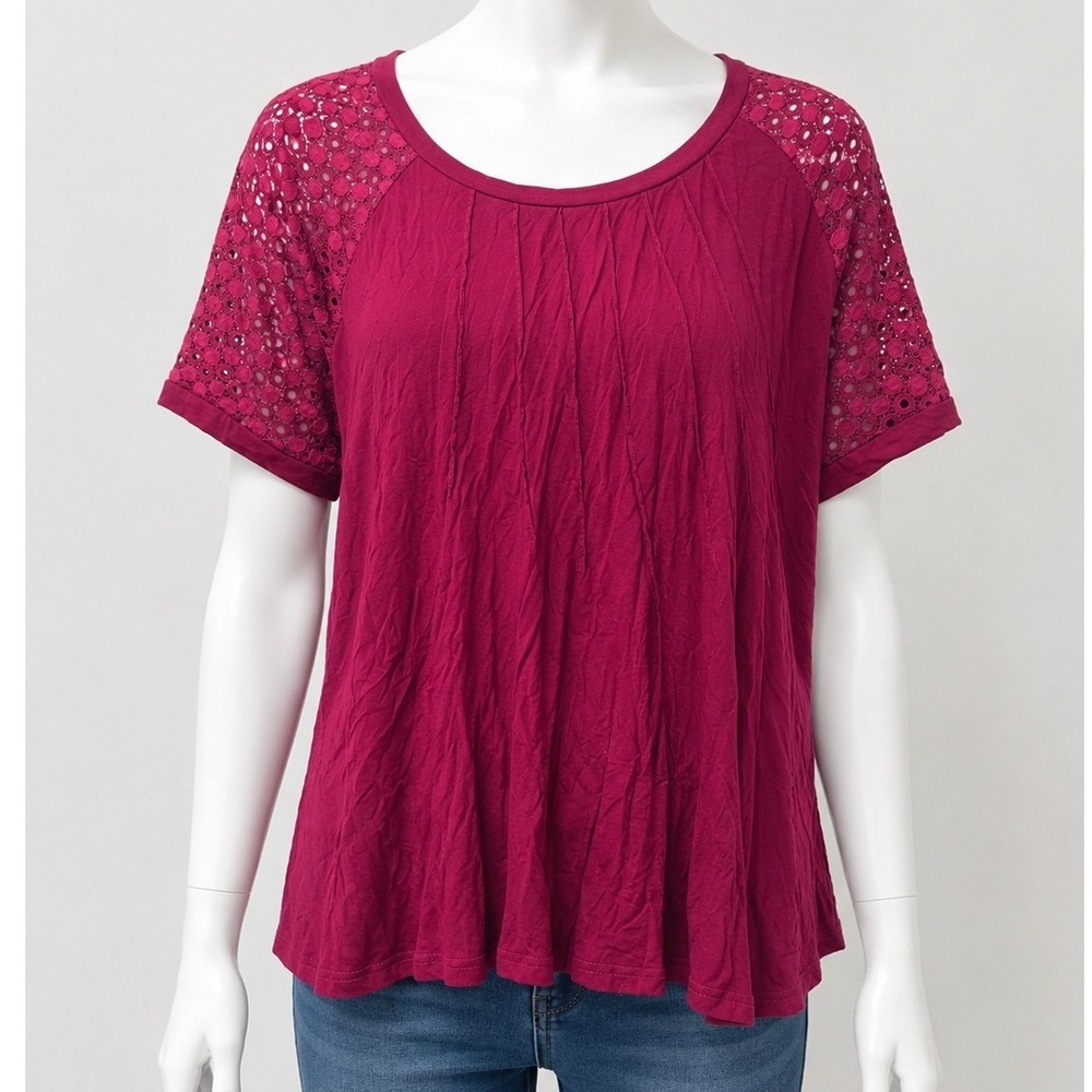 Unbranded Womens Blouse Burgundy Lace Crochet Sleeve‎ Pleated Boho 4XL
